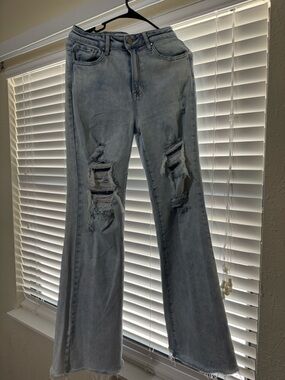 Light Blue Distressed Flare Jeans - Women's Wide Leg